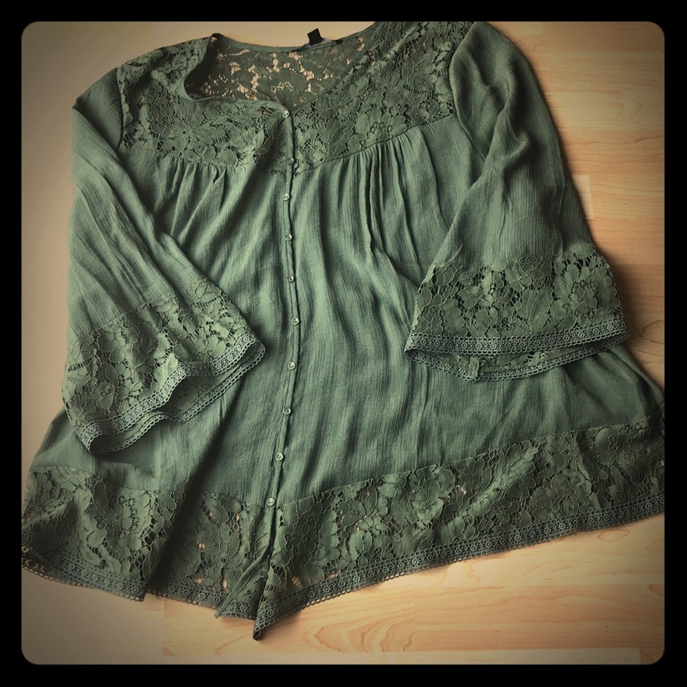 Boho Lace Top, Army Green 3XL